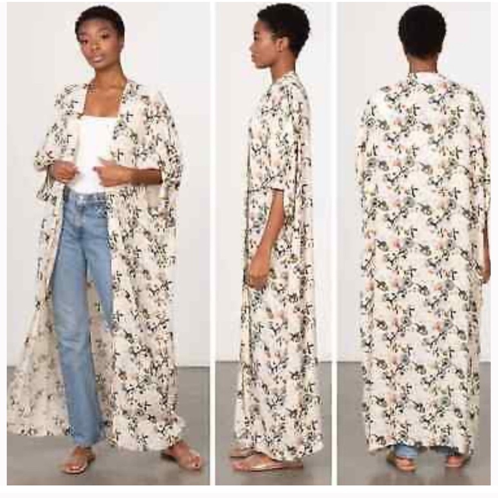 Bel Kazan, Anthropology Duster - Kimono Cardigan, Cream w/Floral Print